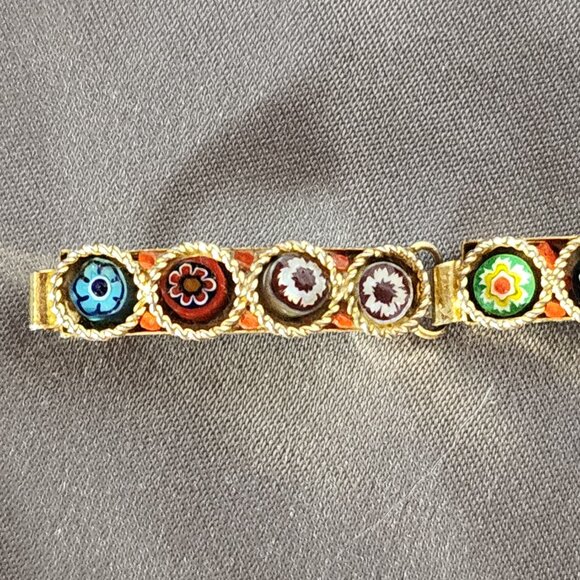 Unsigned Vintage Gold Tone Italian Micro Mosaic Five Link Hinged Floral Bracelet - Picture 10 of 16